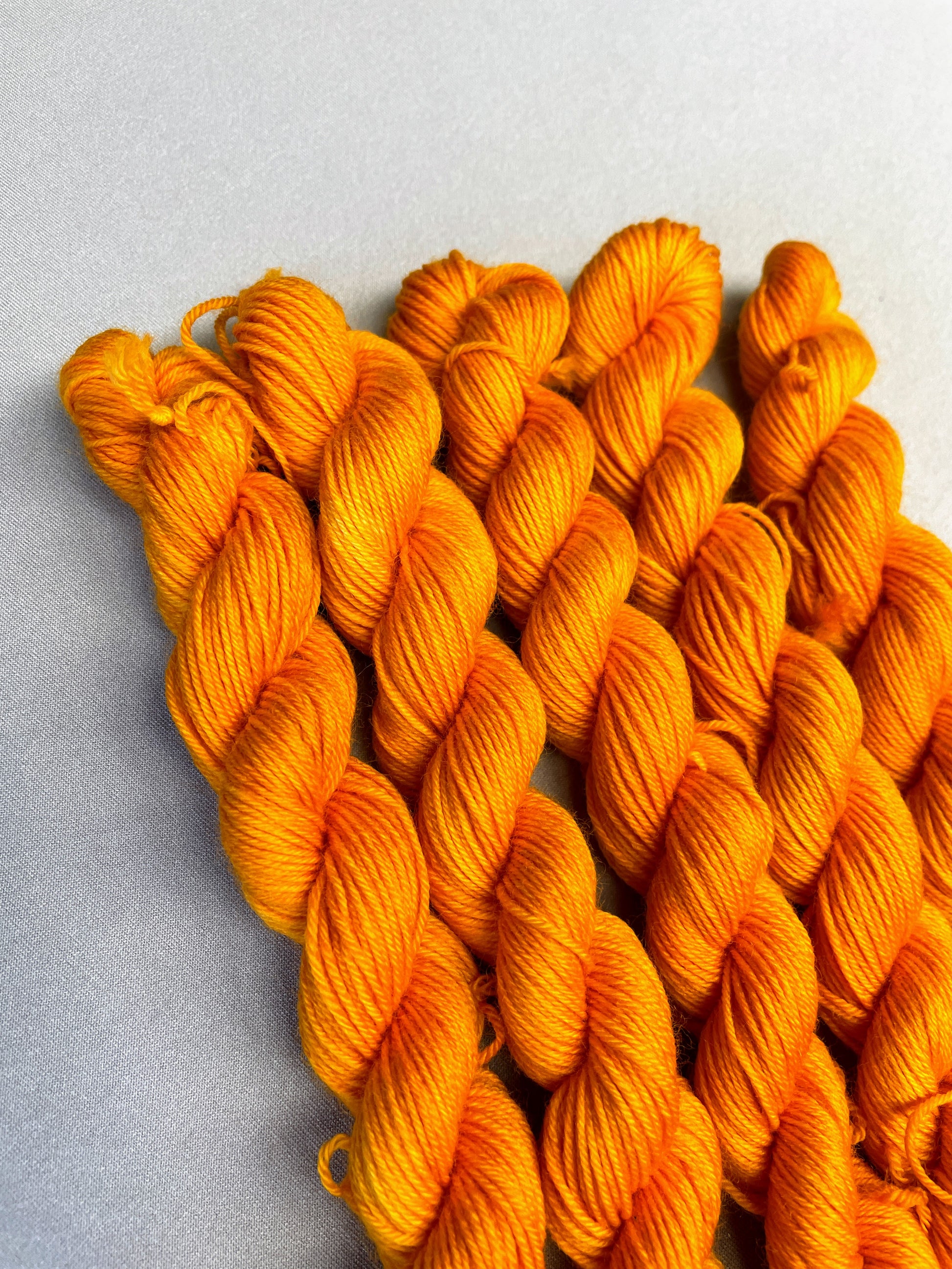 5 x 20g twisted, Sock mini skeins in colourway Golden Poppy, photographed on light grey background. Golden Poppy is a semi-solid colourway in a golden, yellow tone.
