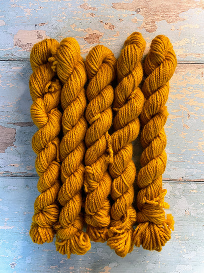 Zoomed in shot of DK weight mini skeins in colourway Mustard. This is a semi-solid colourway in a rich, golden mustard colour.