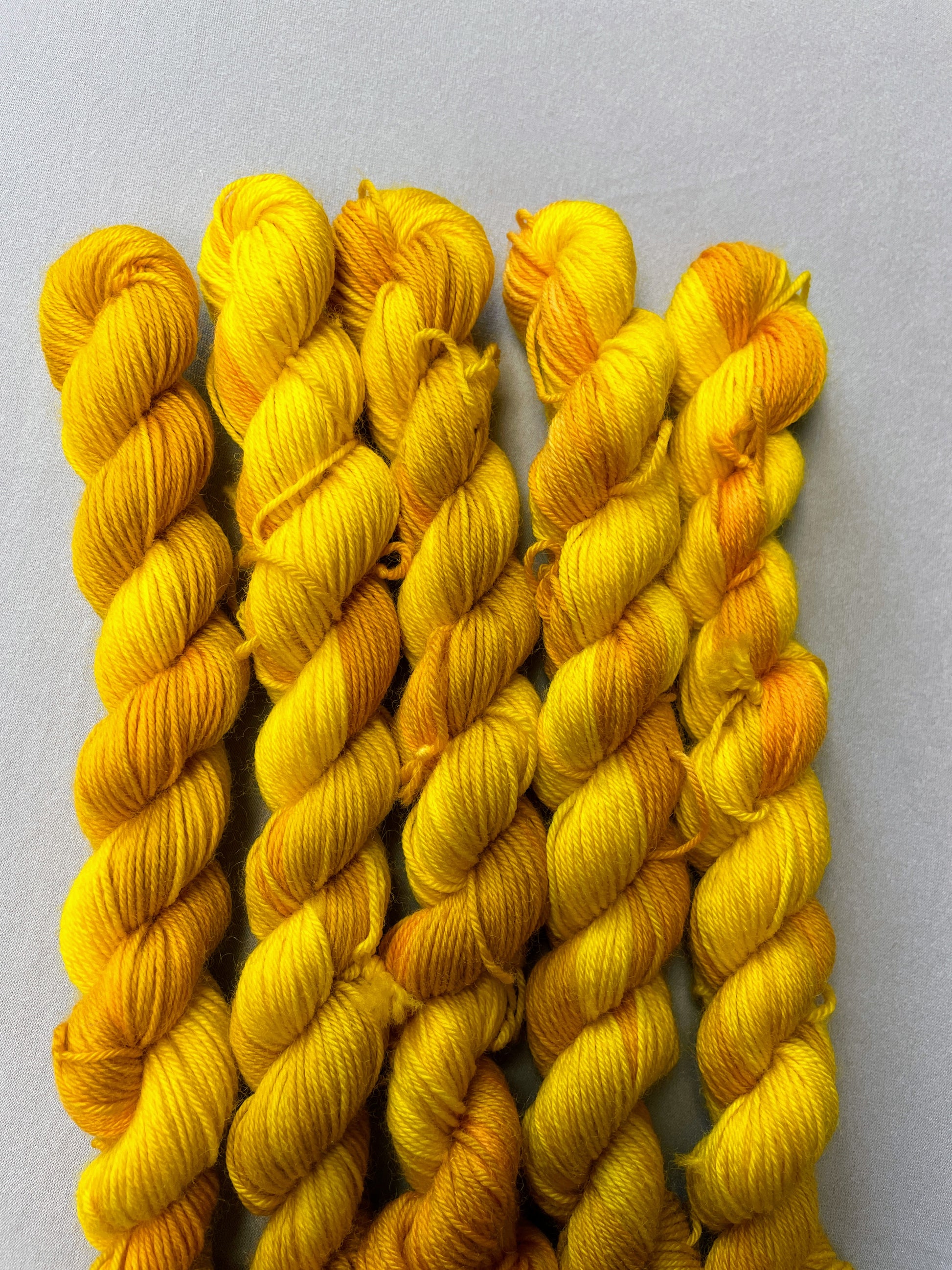 5 x 20g Sock mini skeins in colourway Golden Harvest, photographed on a light grey background. Each skein is twisted and shows tonal variations of Mustard, Yellow and Golden Poppy. 