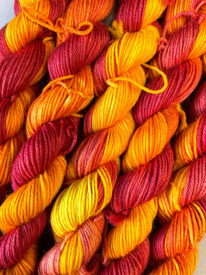 Hand-dyed Yarn
Close up shot of 5 x 20g twisted, Sock mini skeins in colourway Phoenix, photographed on light grey background. This colourway is full of tones of Golden Poppy, Ruby Red and Saffron.